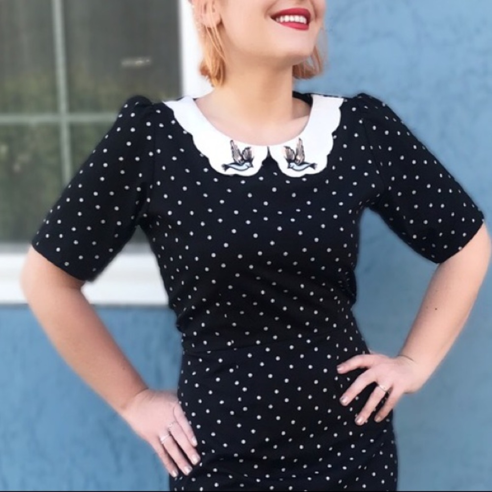 Trollied dolly black white polka dot collared dres